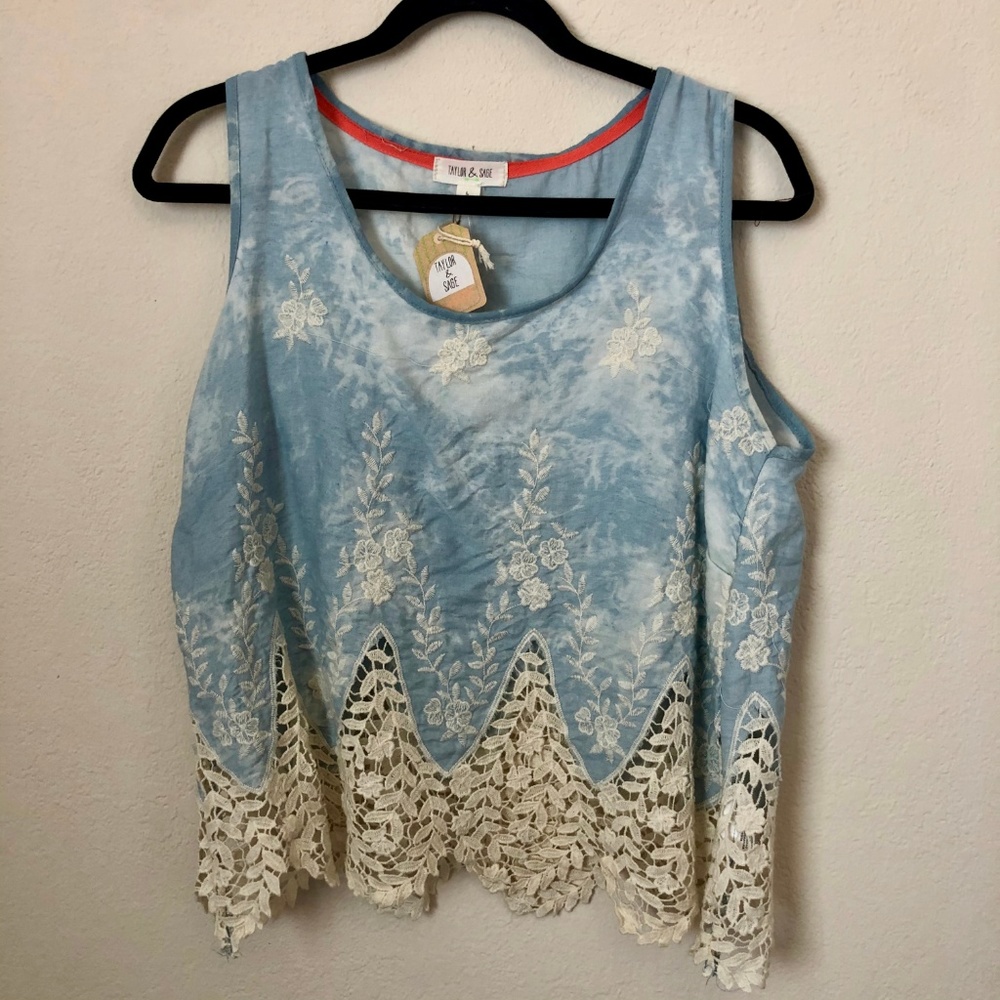 NWOT Taylor & Sage Acid Wash Lace Boho Tank Top LG